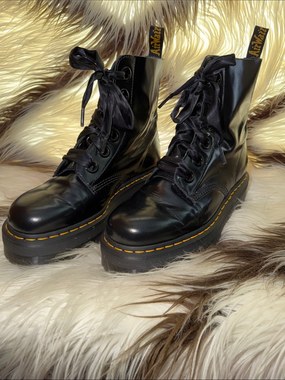 Dr. Martens-MOLLY-Black Leather Lace-Up Platform Boots with Yellow Stitching